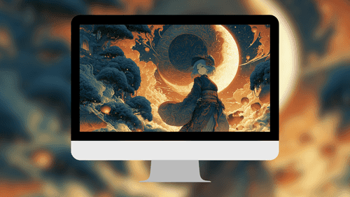 Celestial Kimono Maiden Under Crescent Moon