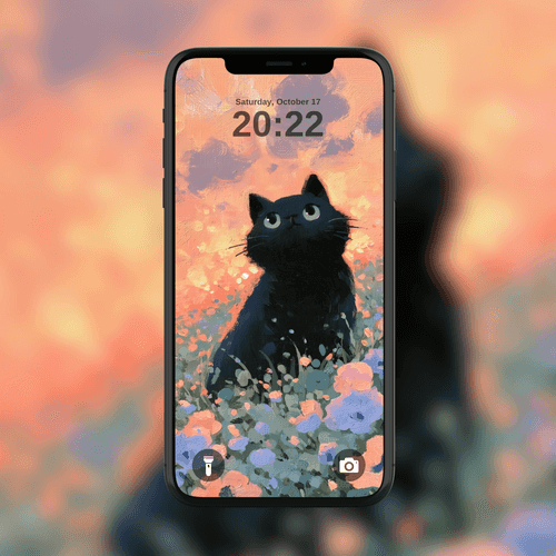 Black Cat in Pastel Meadow
