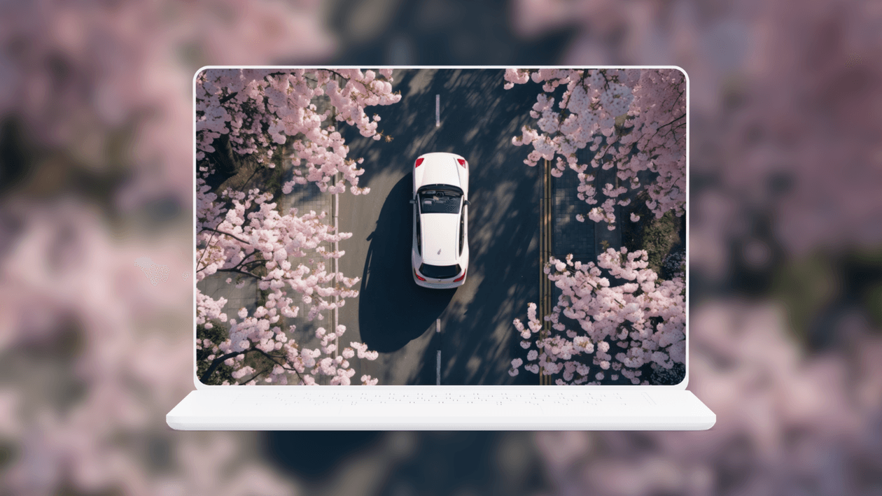 white-car-cherry-blossom-overhead